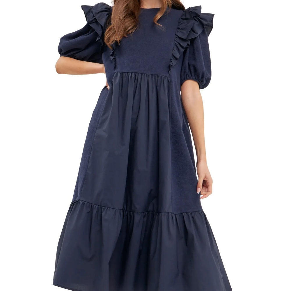 Ruffle Puff Sleeve Midi Dress ENGLISH FACTORY Navy Blue Medium Size M